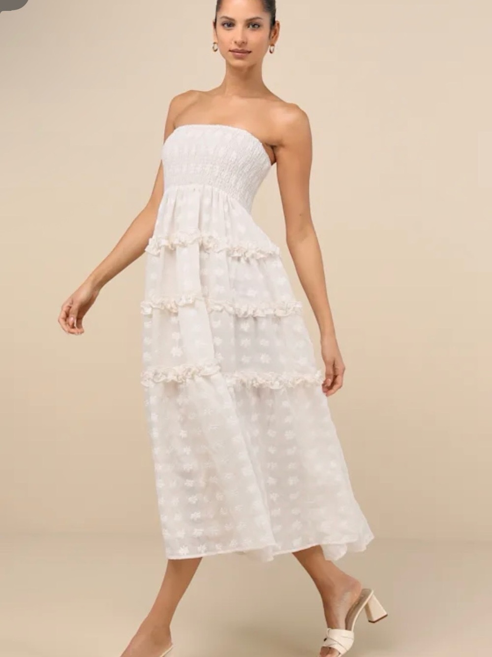 Lulu's White Strapless Smocked Tiered Midi Dress